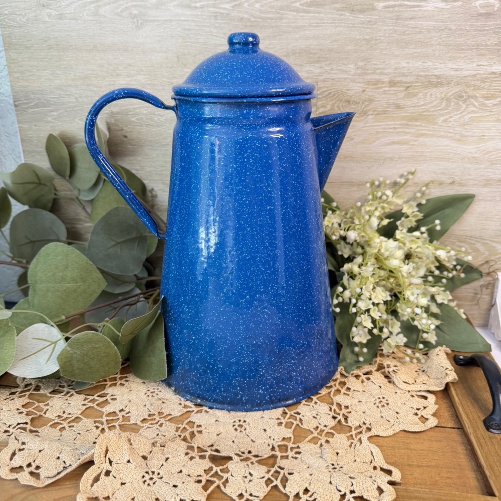 Vintage Style Cobalt Blue Speckled Enamelware Coffee Pot Graniteware Pitcher